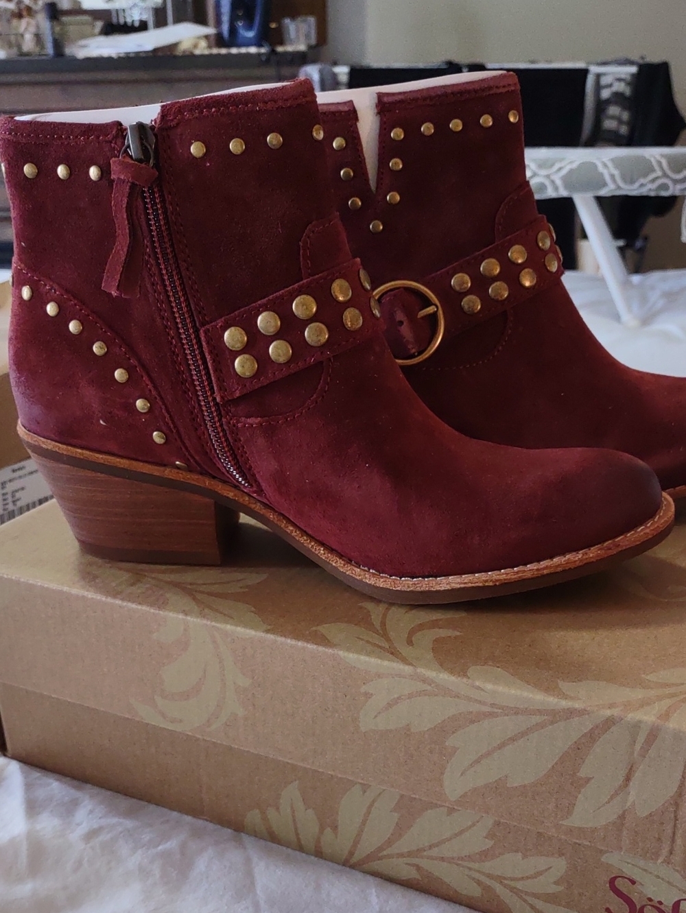 Sofft Burgundy Suede Studded Ankle Booties